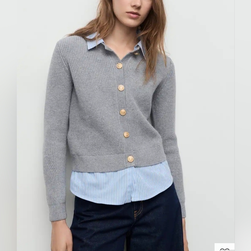 Mango Grey Button-Front Ribbed Cardigan